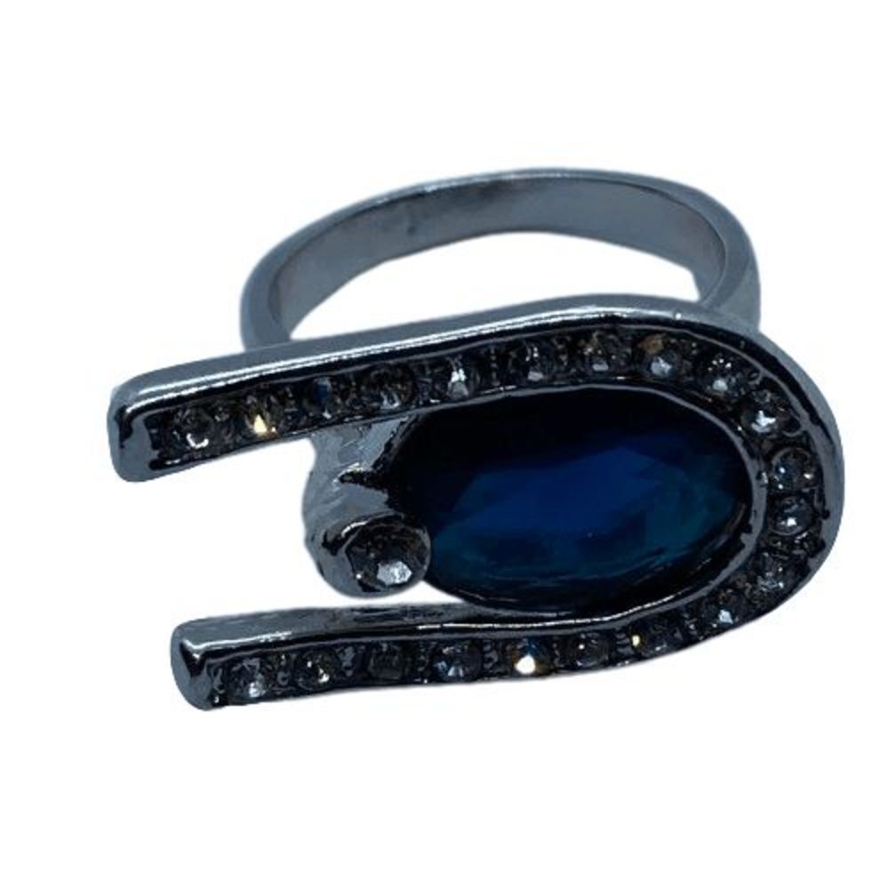 Unique Size 8 Silver Tone Chunky Blue Rhinestone Horeshoe Shaped Statement Ring